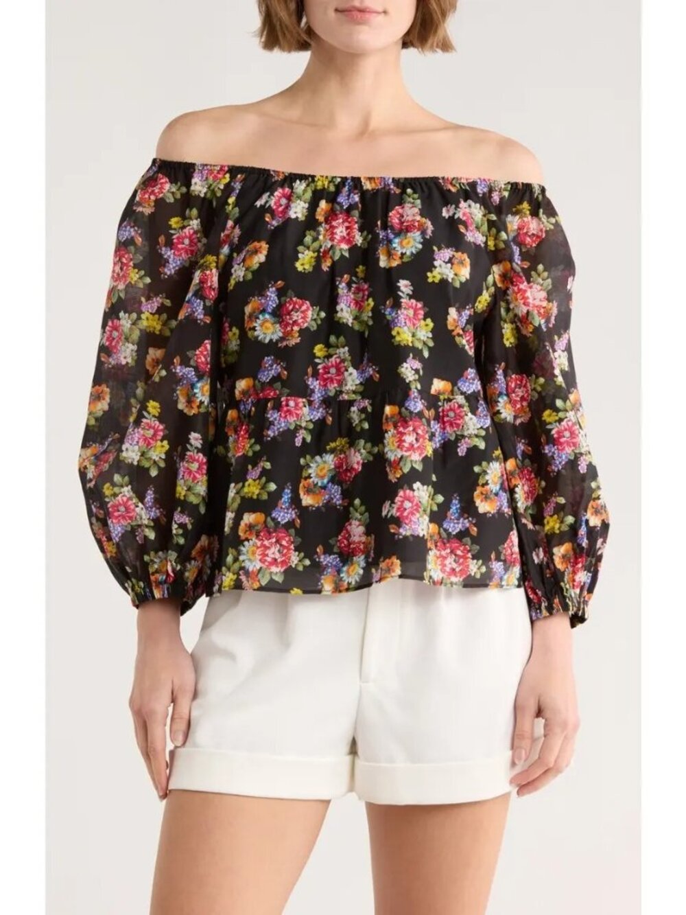 Alice + Olivia Floral Ruffle Peasant Top Size S Cotton Silk Long Sleeve NWT